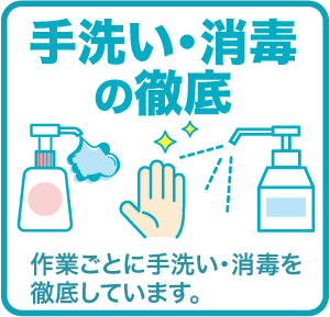 手洗い･消毒の徹底 作業ごとに手洗い・消毒を徹底しています。