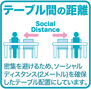 テーブル間の距離 密集を避けるため､ソーシャルディスタンス(2メートル)を確保したテーブル配置にしています｡