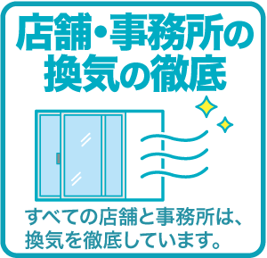 店舗・事務所の換気の徹底 すべての店舗と事務所は、換気を徹底しています。